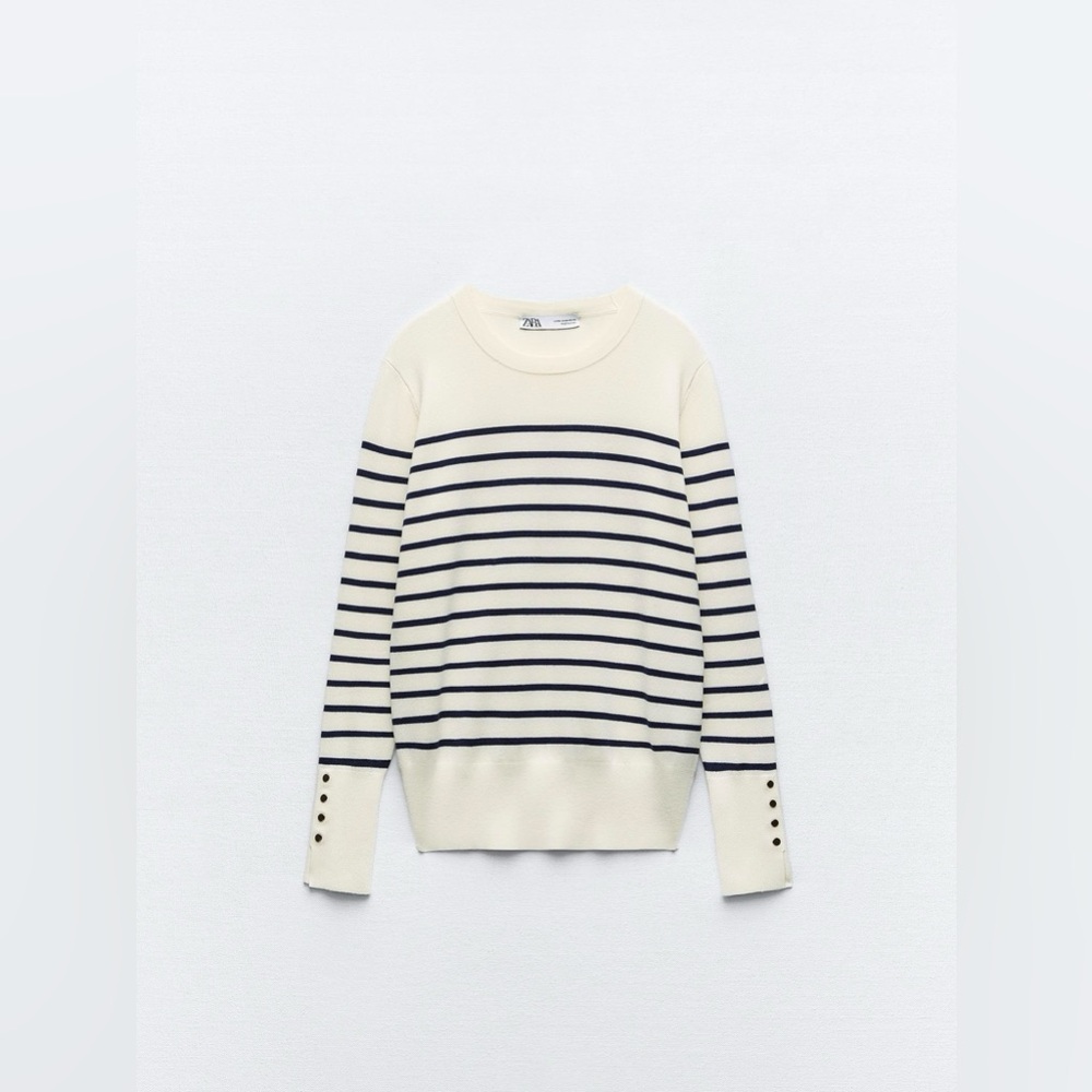 Zara Cream and Navy Striped Basic Knit Sweater